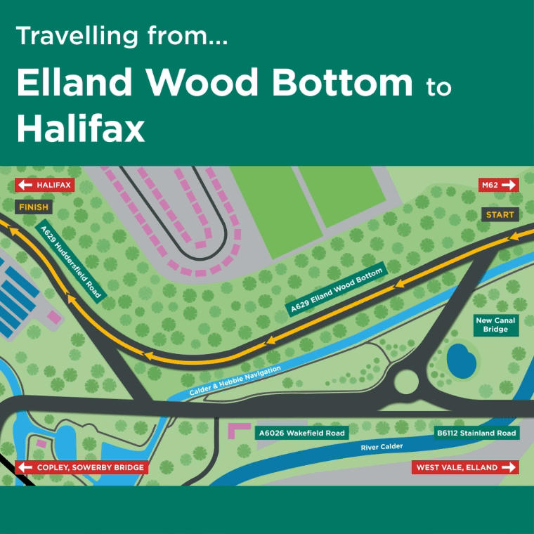 View of the area with arrow linking Elland Wood Bottom to Halifax along the A629.